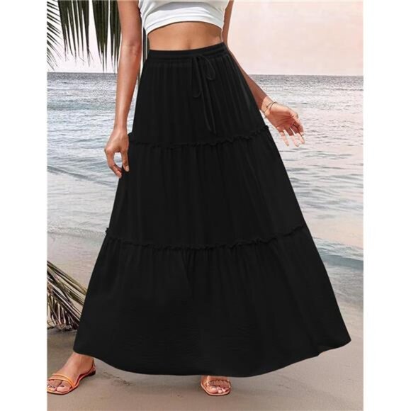 Womens Maxi Skirts, Flowy Skirt with Pockets Black - Picture 1 of 5